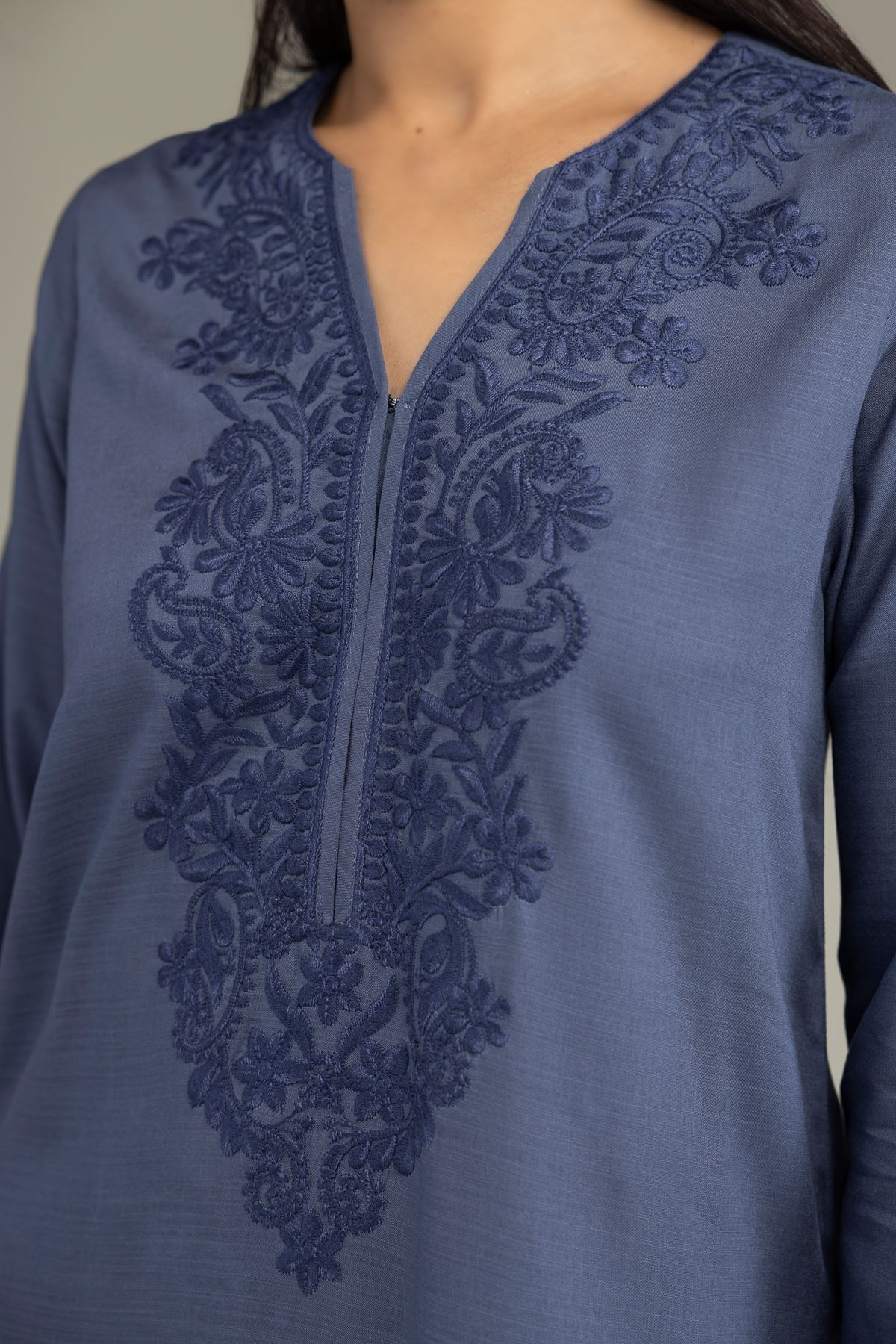 Dyed Raw Silk Longline V-Neck Kurta - 1-26-322-B-A1-VG