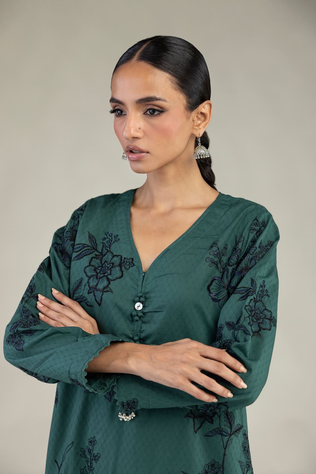Embroidered Cotton Dobby Green Longline Kurta - 1-26-226-A-B1-VG