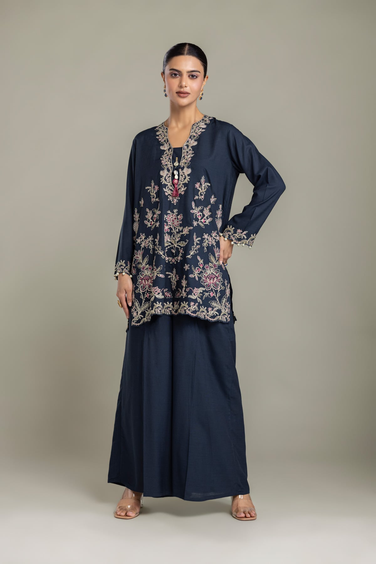 Embroidered Raw Silk Short Navy Kurta - 2-26-202-A-D-VG