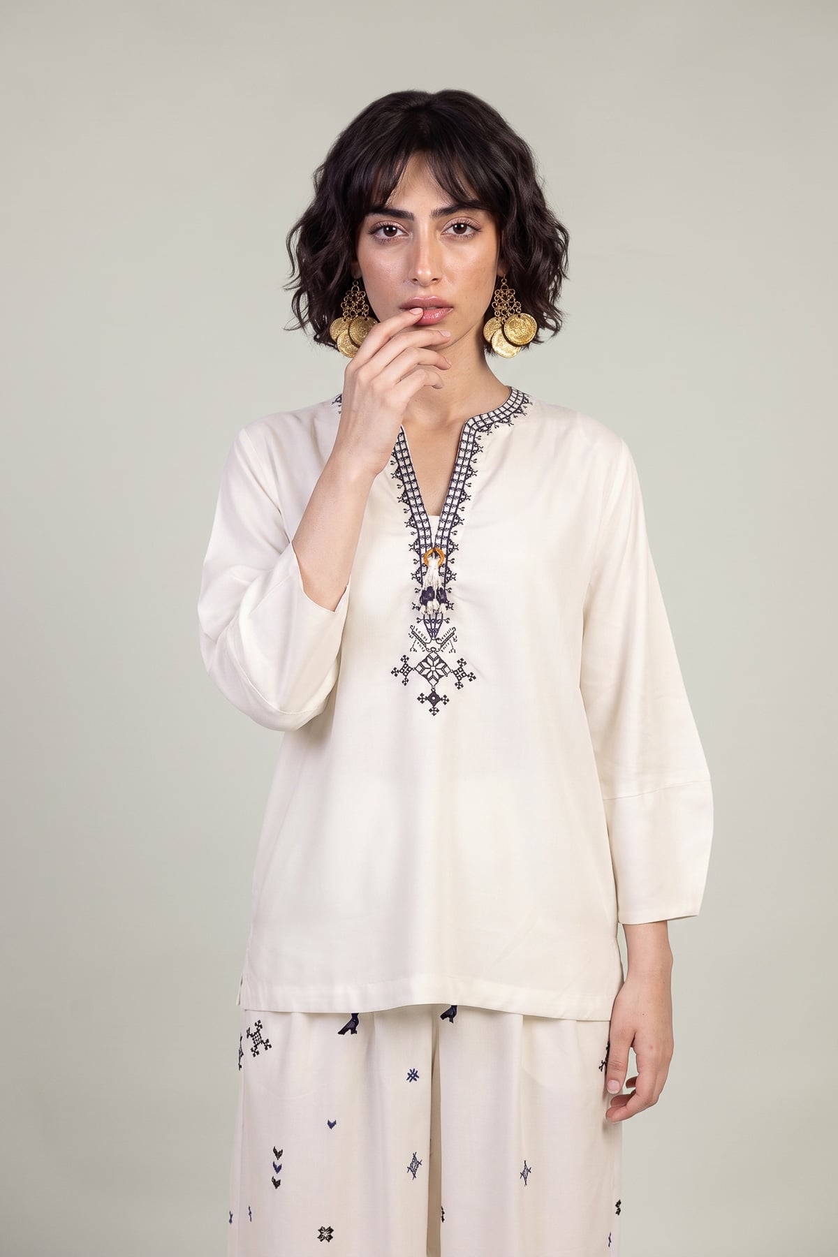 Embroidered Viscose Crepe V-Neck Crepe Blouse - 1-26-309-B-D1-VG