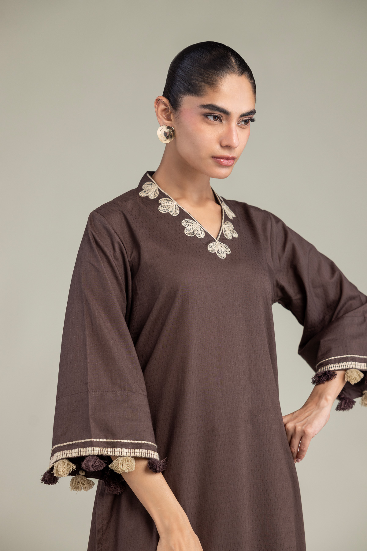 Embroidered Cotton Dobby Brown V-Neck Kurta - 1-26-102-A-F-VG