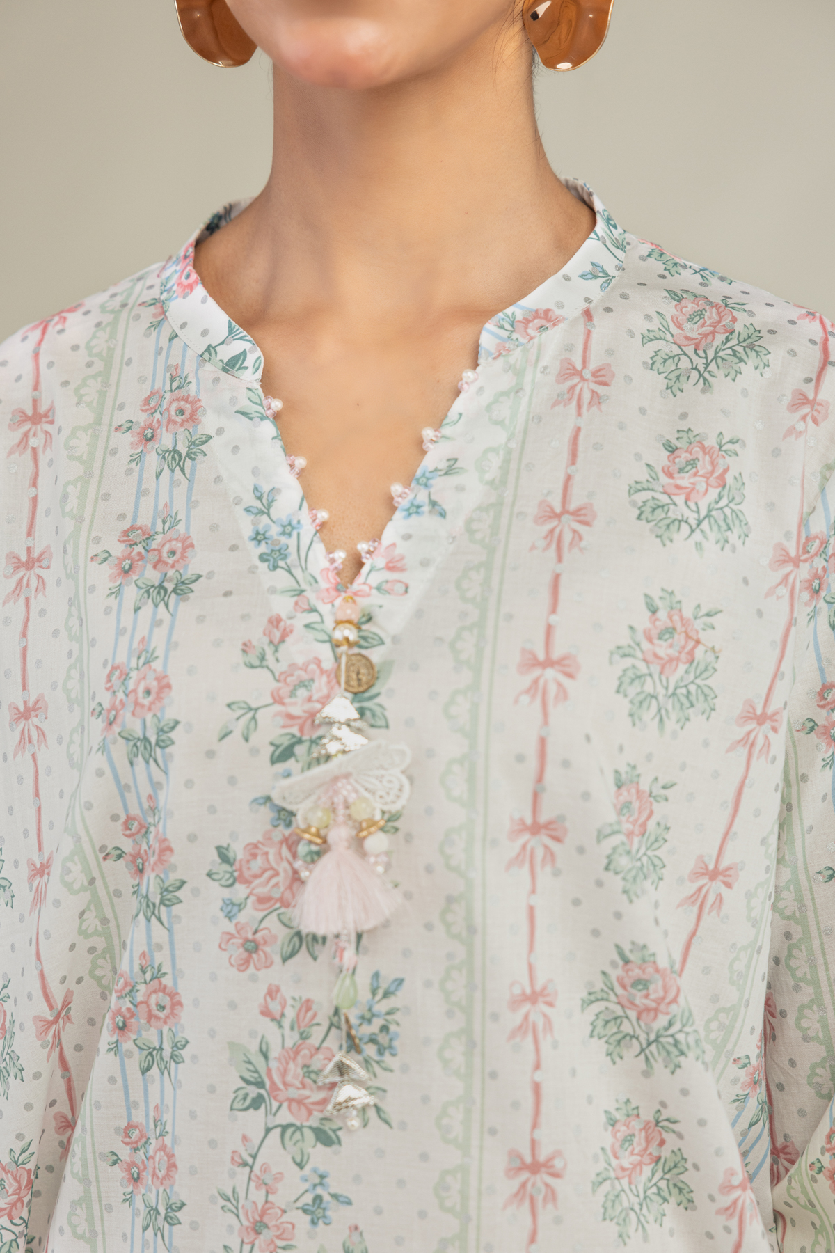 Printed Cambric Floral V-Neck Kurta - 1-26-236-A-D1-VG