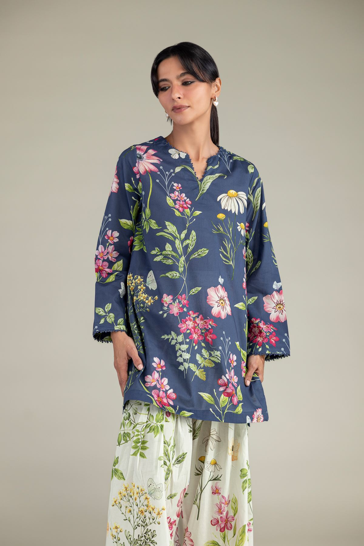 Printed Cambric Short Navy Kurta - 1-26-332-C-A2-VG