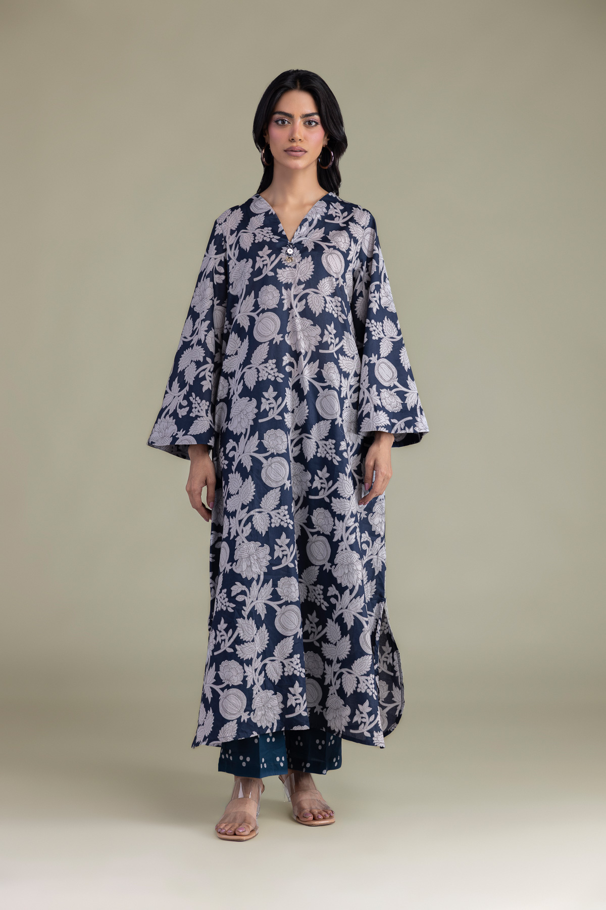 Printed Cambric Floral Longline Kurta - 1-26-102-A-F-VG