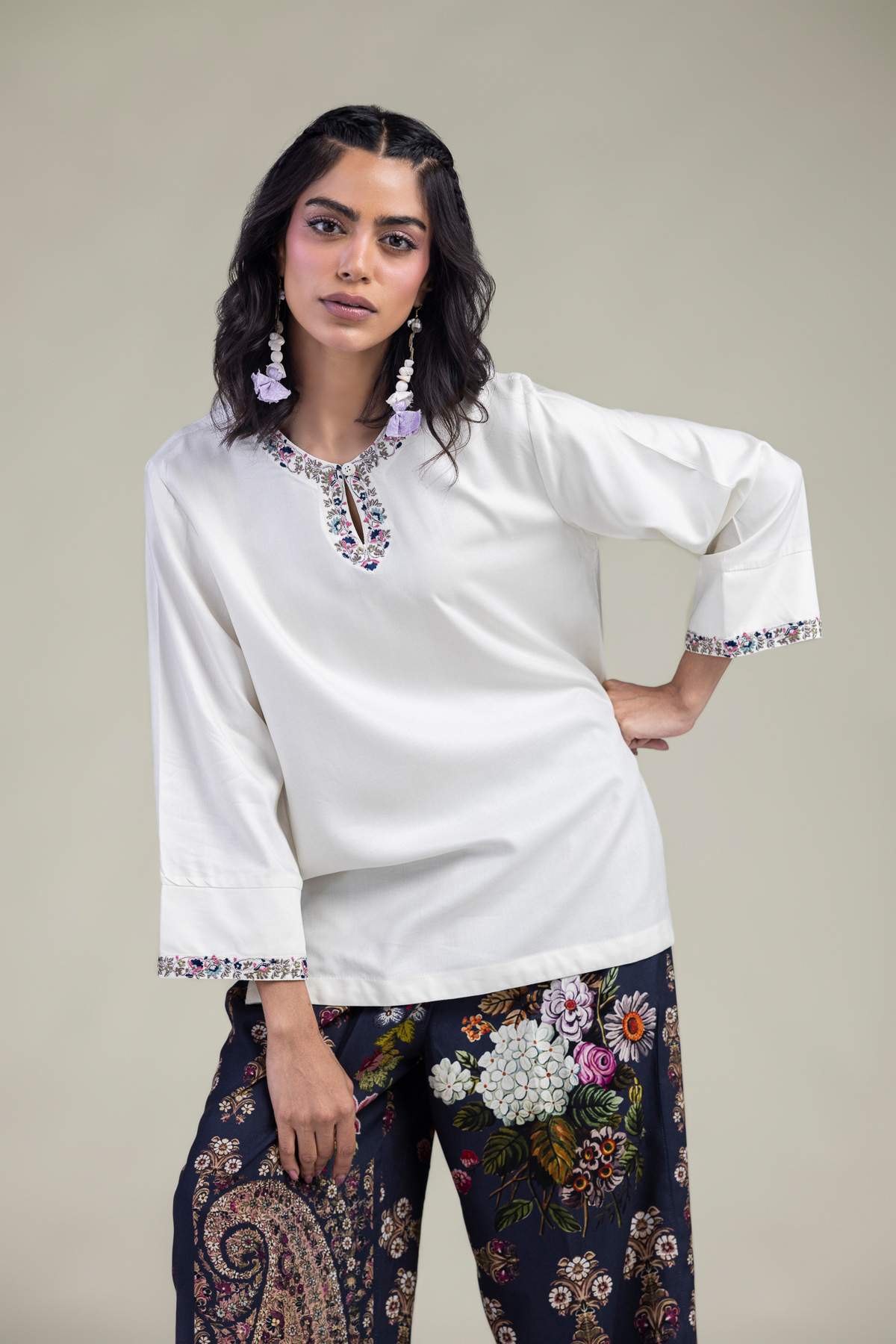 Embroidered Viscose Crepe Solid Viscose Tunic - 6-26-207-B-E1-VG