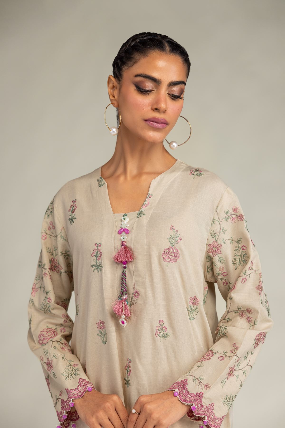 Embroidered Raw Silk Floral Beige Kurta - 1-26-322-B-A1-VG