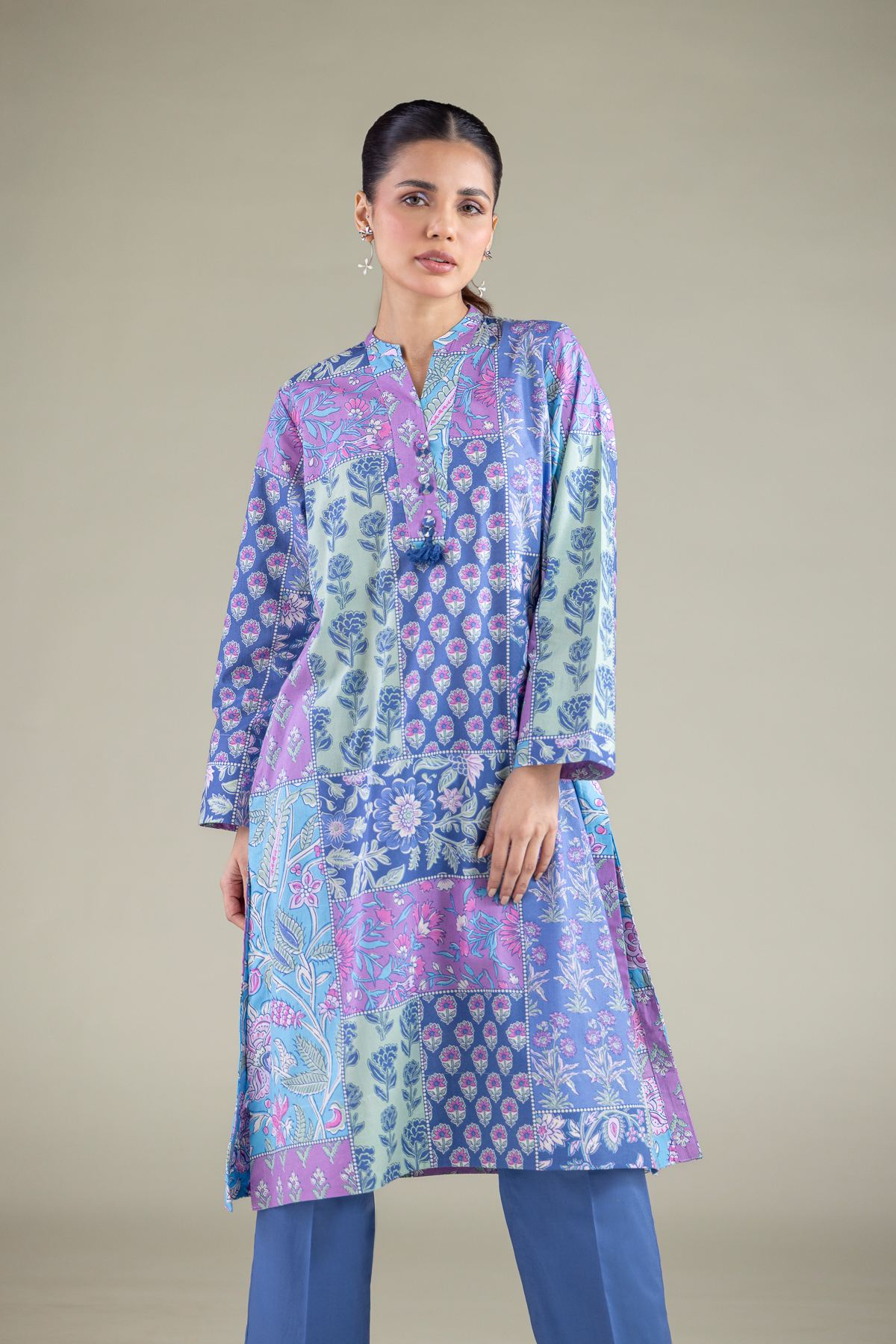 Printed Cambric Floral Longline Kurta - 1-26-127-A-G-VG