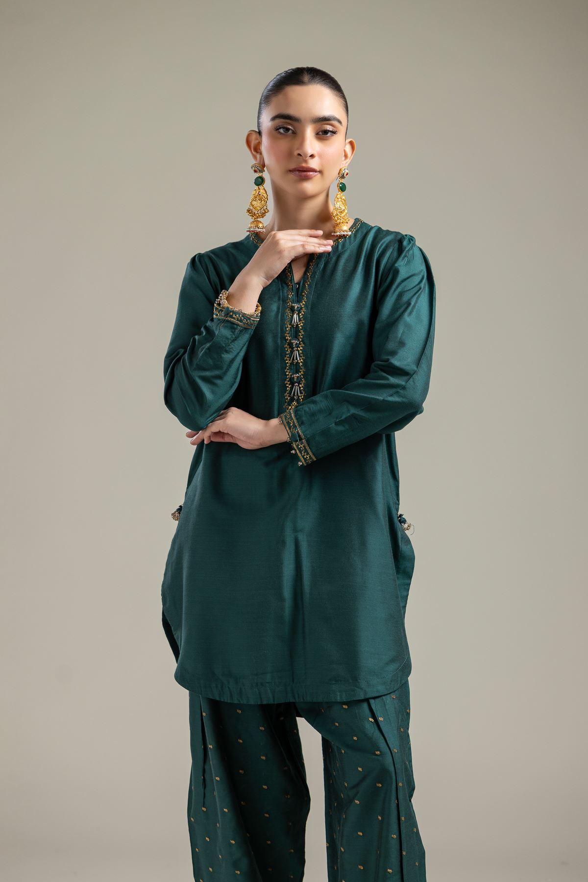 Raw Silk Green V-Neck Kurta - 2-26-107-A-F-VG