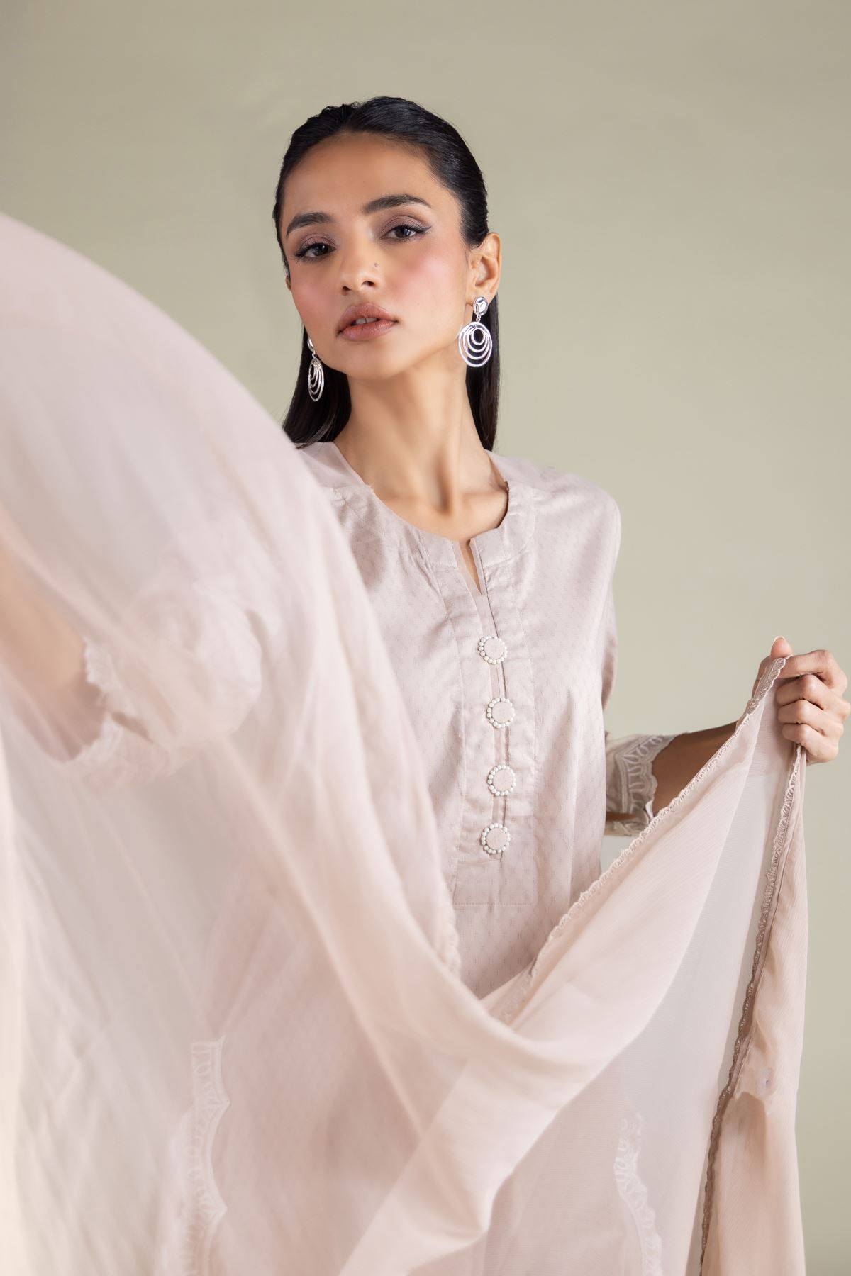 Embroidered Chiffon Draped Lace Dupatta - 1001915626
