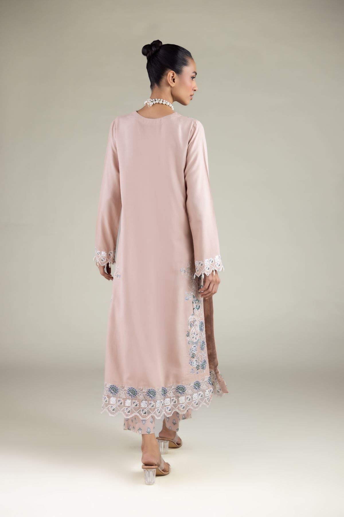 Embroidered Raw Silk Floral Longline Kurta - 2-26-112-A-B-VG
