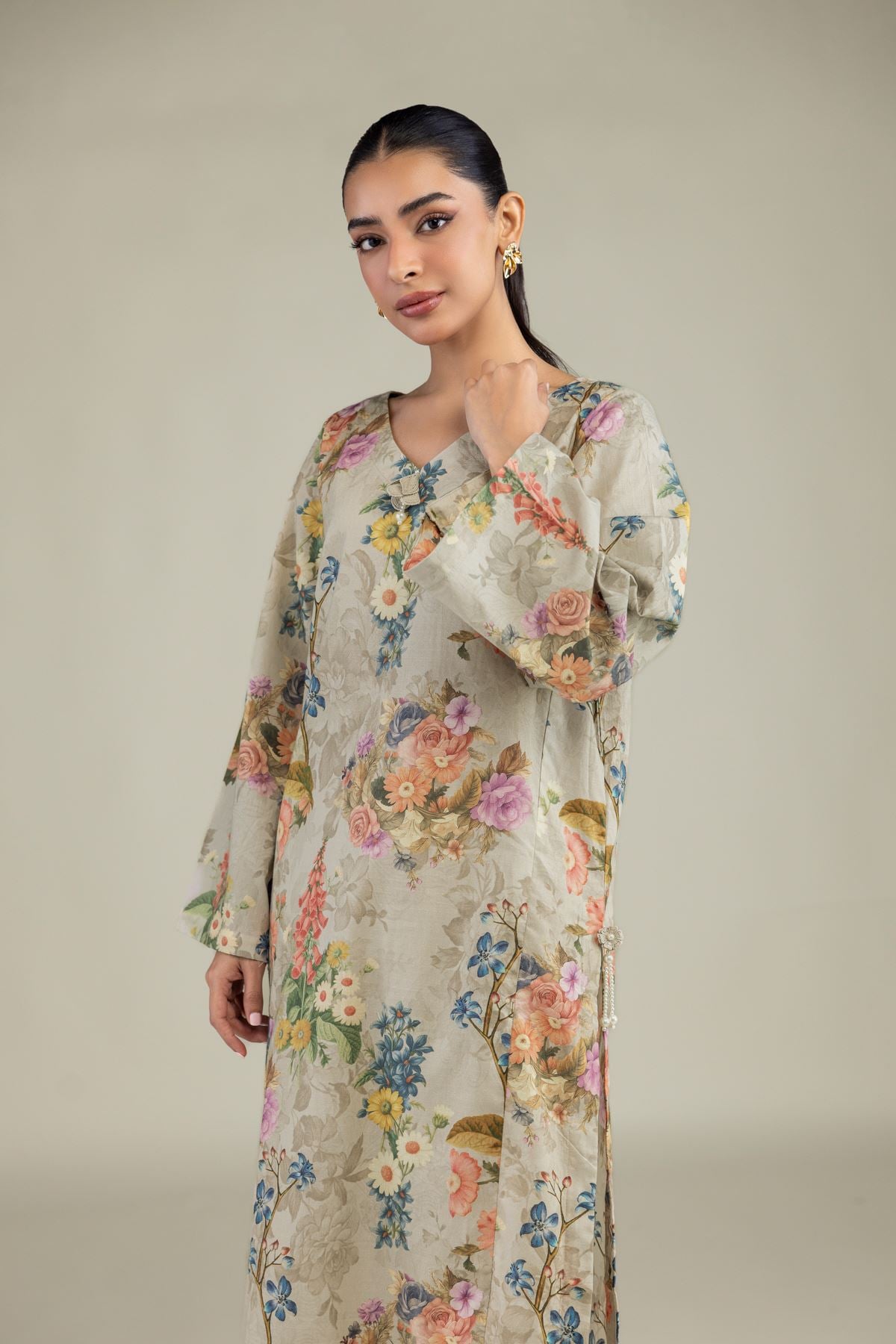 Printed Cotton Dobby Long Floral Kurta - 1-26-229-B-F1-VG