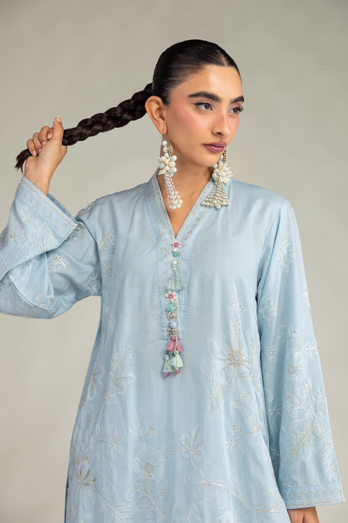 Embroidered Raw Silk Blue Floral Kurta - 1-26-322-B-A1-VG