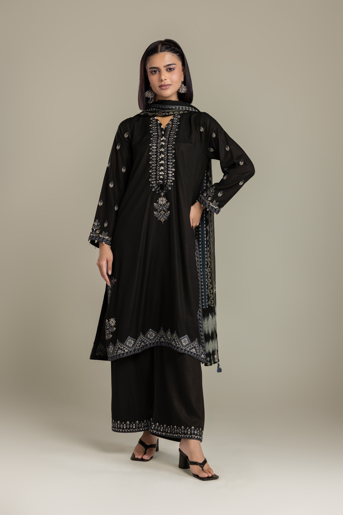 Embroidered Raw Silk Black Tailored 3-Piece - 1-26-408-A-B1-VG