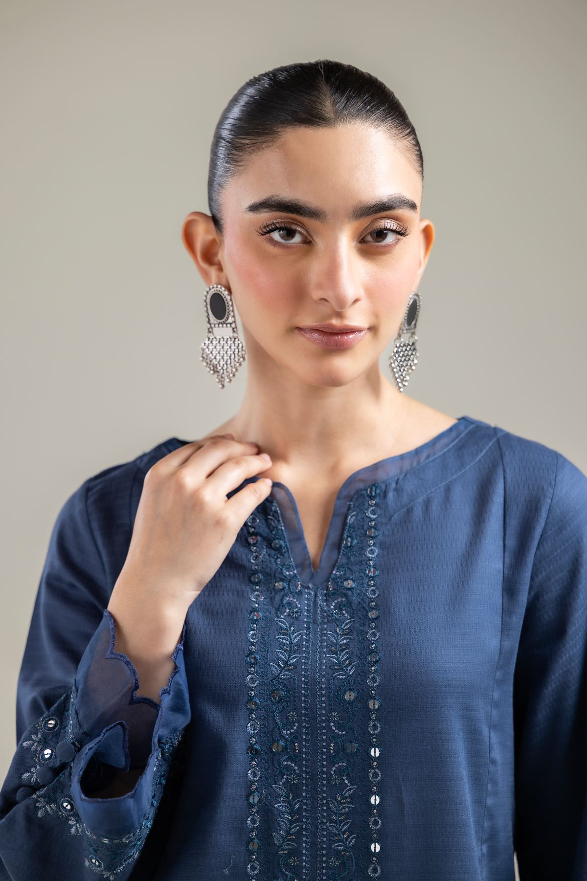 Embroidered Cotton Dobby Long Navy Kurta - T-A22-26-122FI1-VG