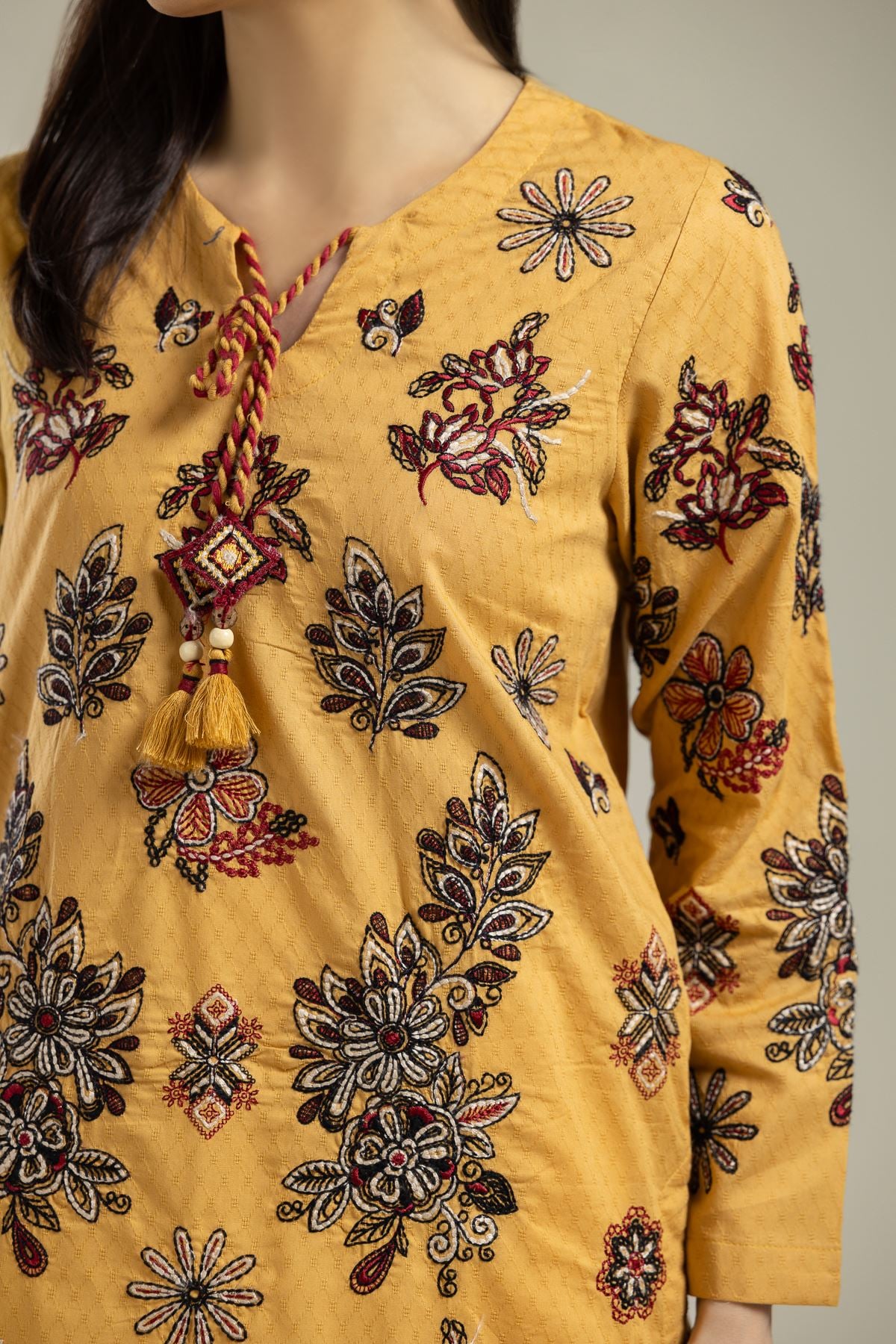 Embroidered Cotton Dobby Floral Mustard Kurta - 26-01-3E2-09TA-VG