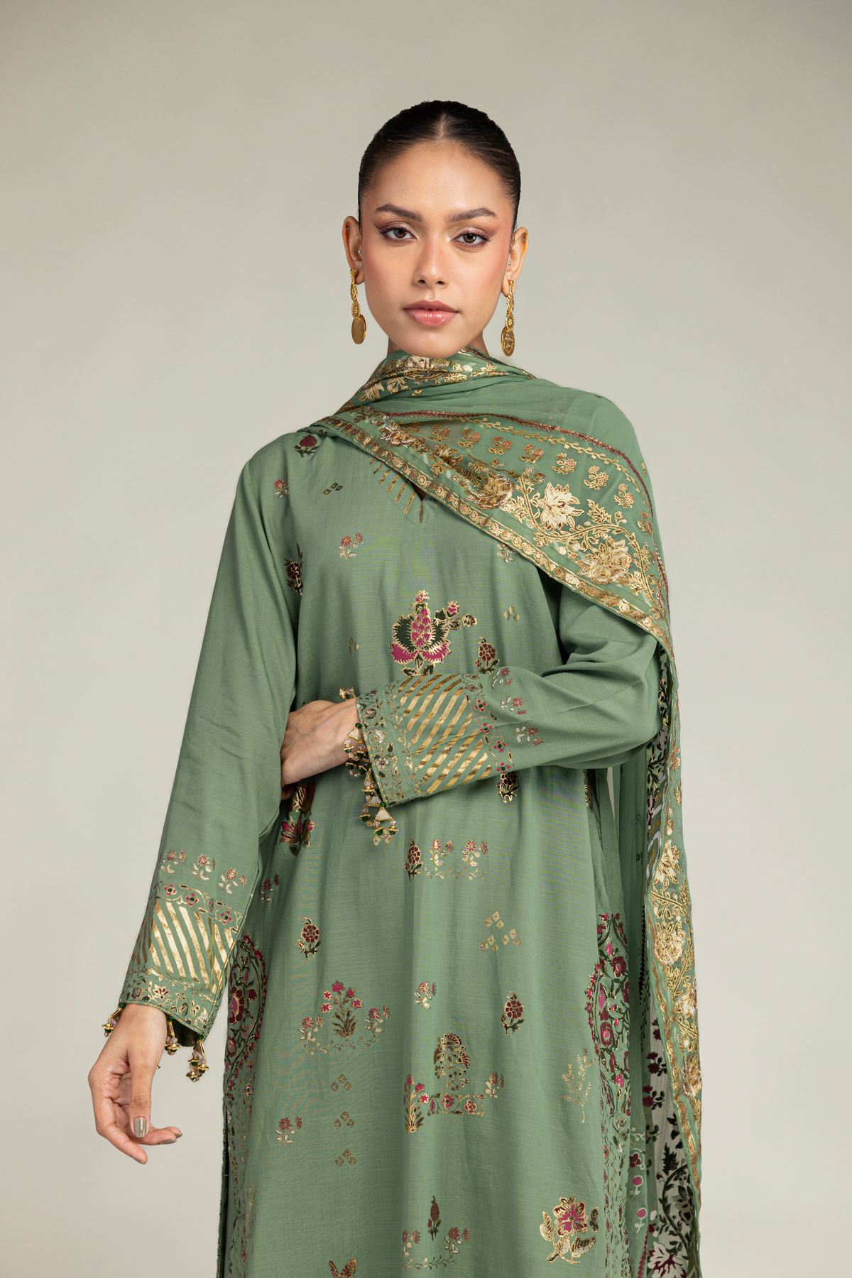 Embroidered Raw Silk 3-Piece Co-ords Set - 8-26-304-A-B1-VG