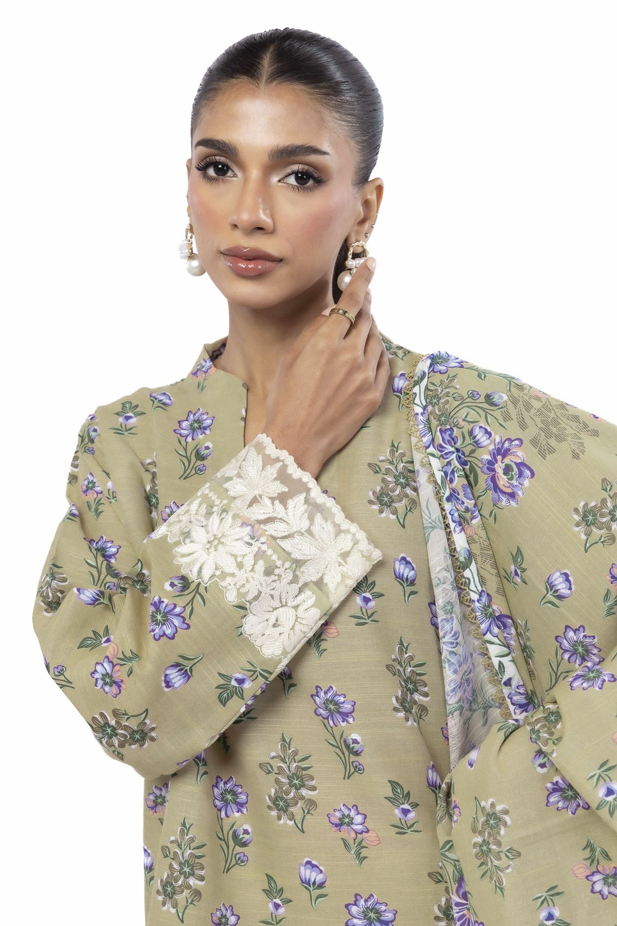 Embroidered Slub Cotton Tailored 3 Piece - KN31AST-VG