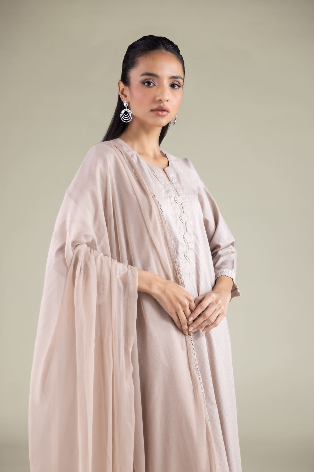 Embroidered Chiffon Draped Lace Dupatta - 1001915626