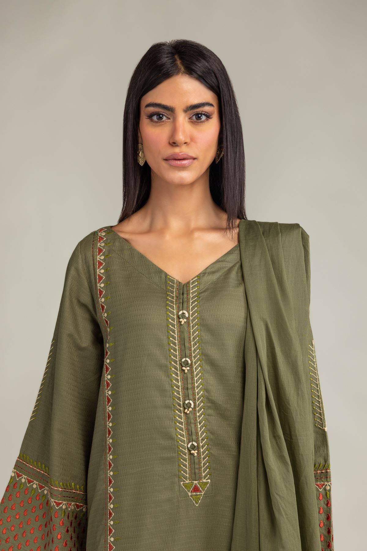 Embroidered Lawn Olive Lawn Dupatta - 2-26-308-A-G1-VG