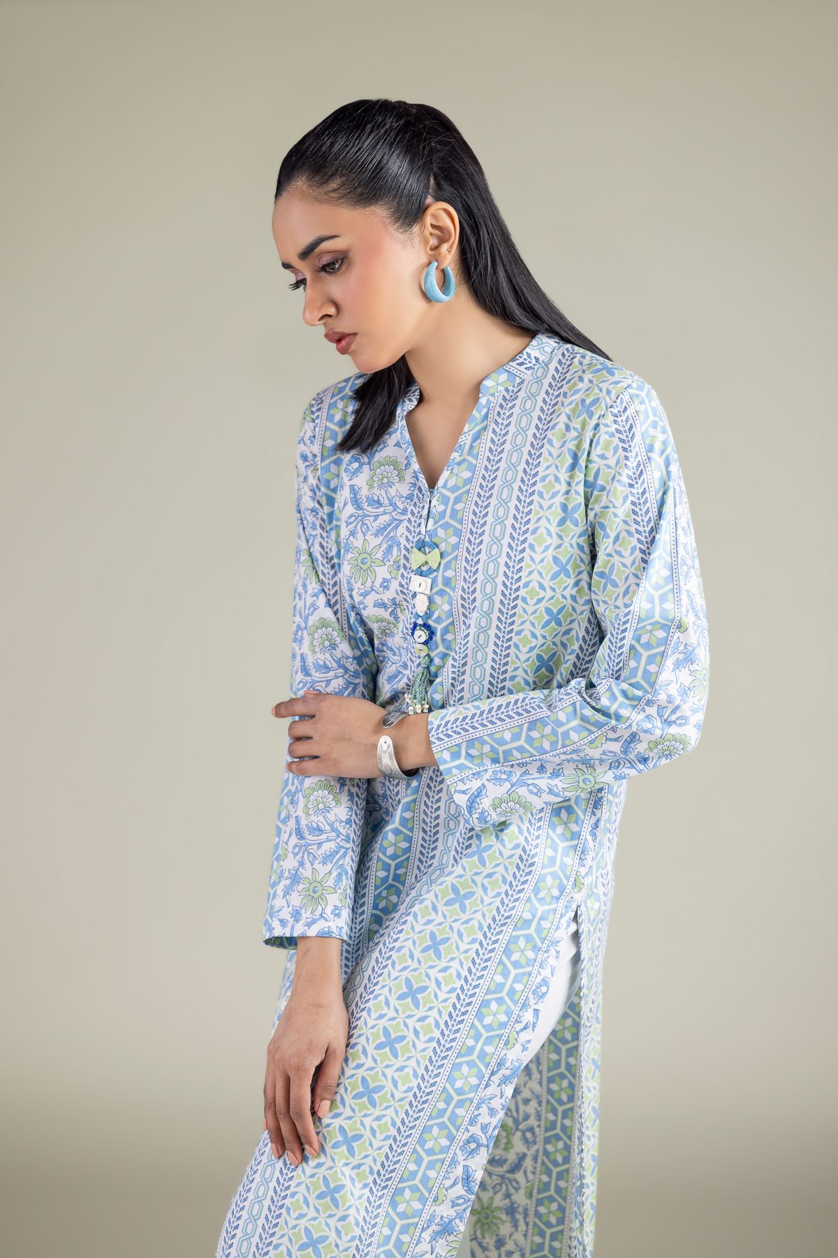 Printed Cambric Geometric Band-Collar Kurta - 1-26-119-A-F-VG