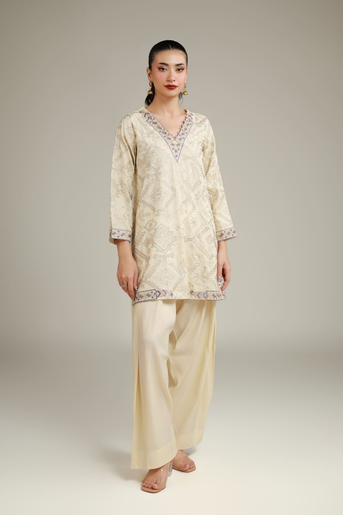 Embroidered Raw Silk Geometric Silk Kurta - 1-26-108-A-F-VG