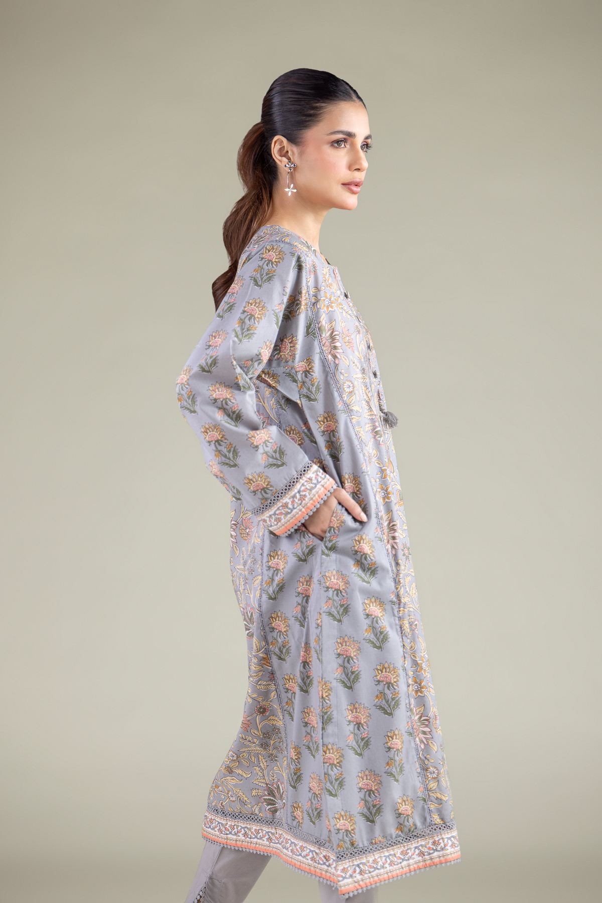 Printed Cambric Floral Longline Kurta - 1-26-144-B-A-VG