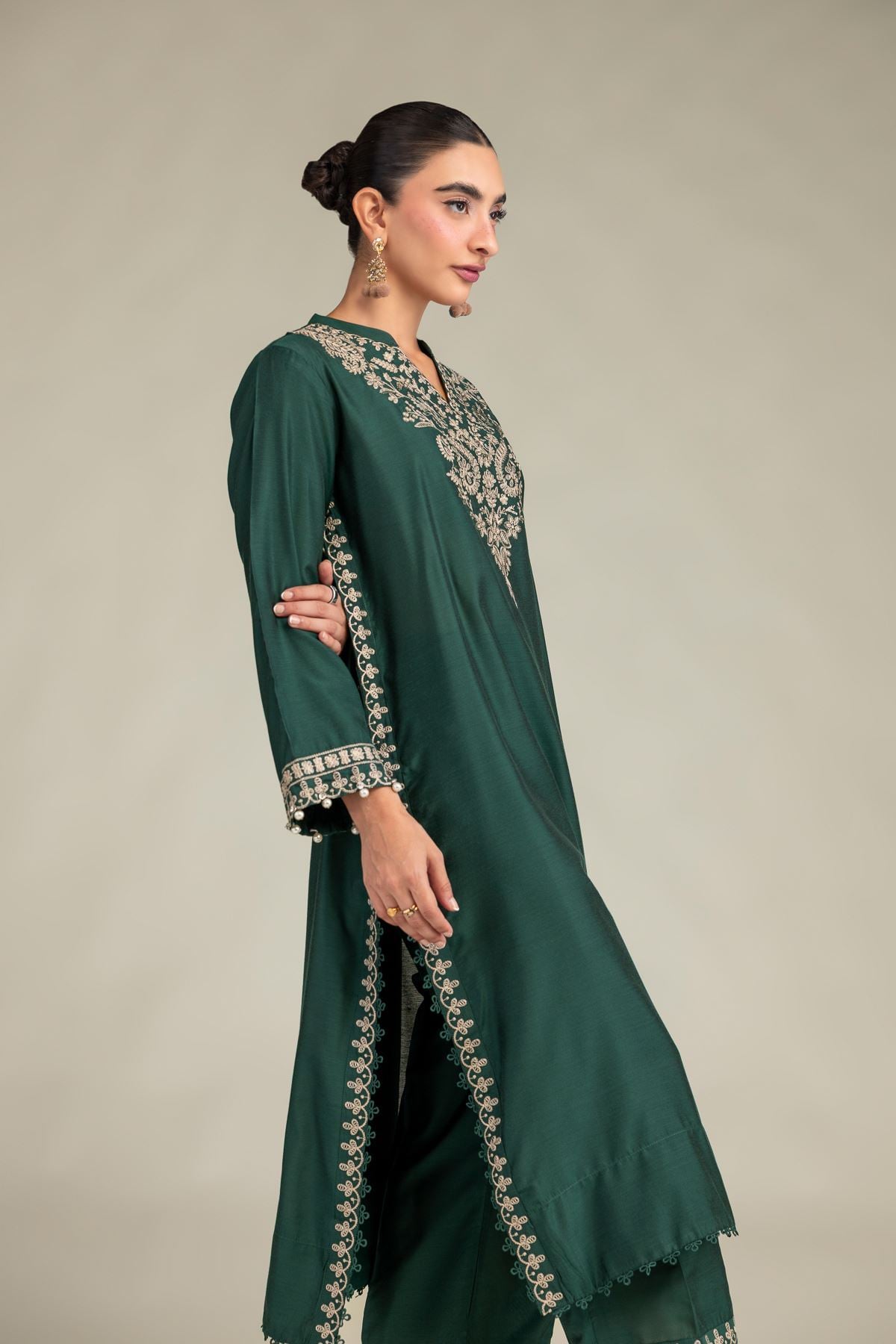 Printed Raw Silk Floral Green Kurta - 1-26-322-B-A1-VG