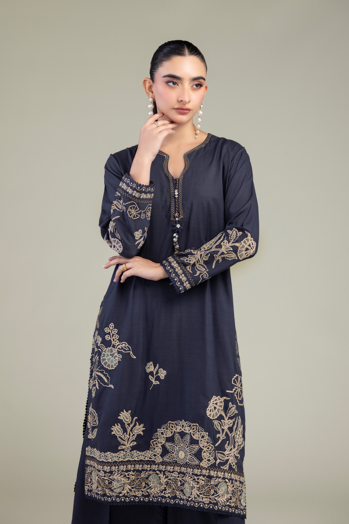 Embroidered Raw Silk Floral Navy Kurta - 1-26-309-B-D1-VG