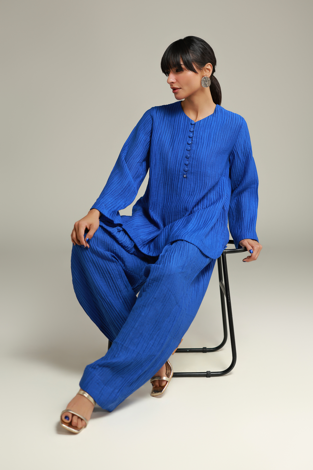 Dyed Blended Crinkle Short Blue Kurta - T-A112-26-103EF2-VG