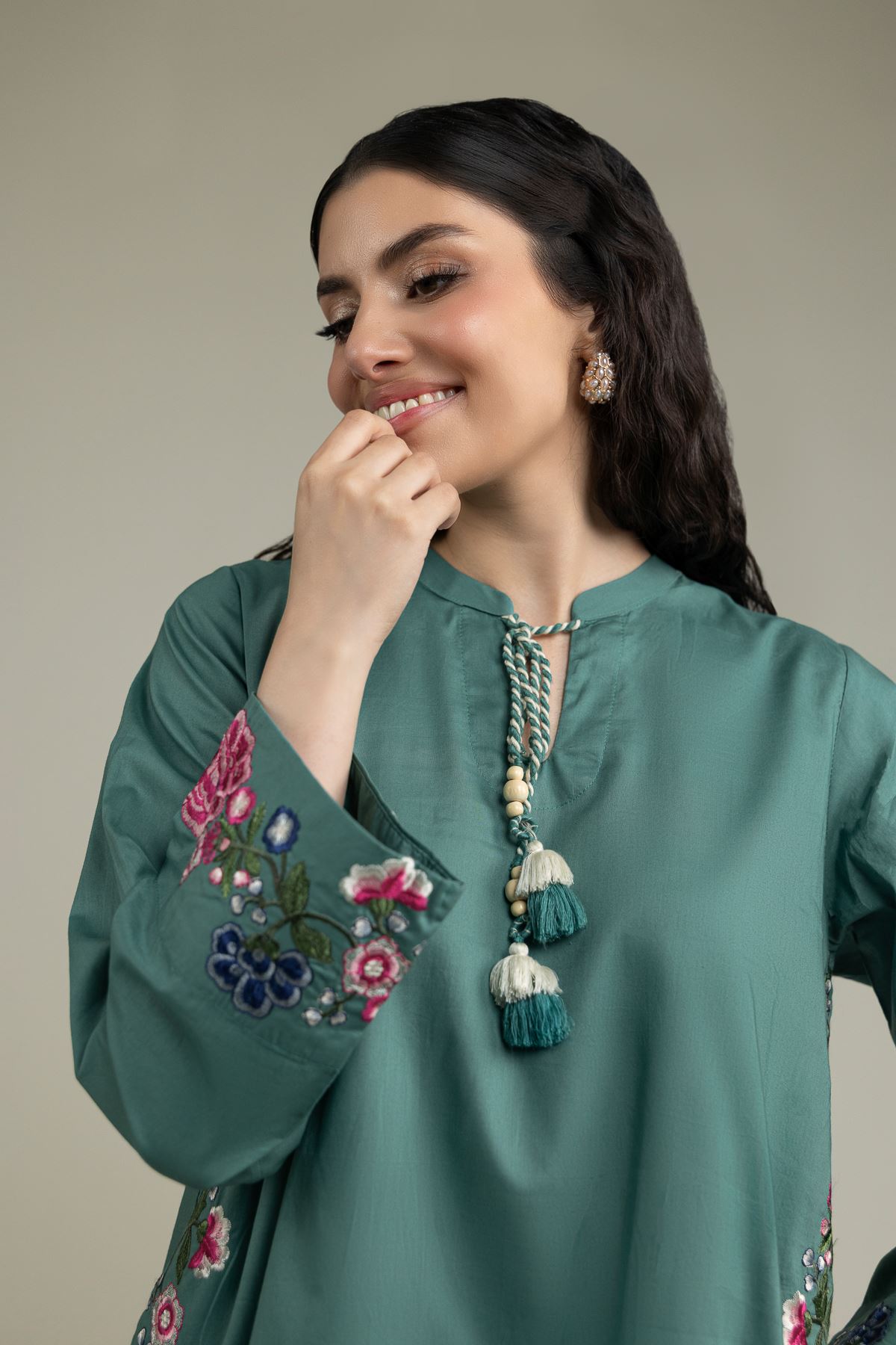 Embroidered Cambric Teal Floral Kurta - 1-26-231-A-F1-VG