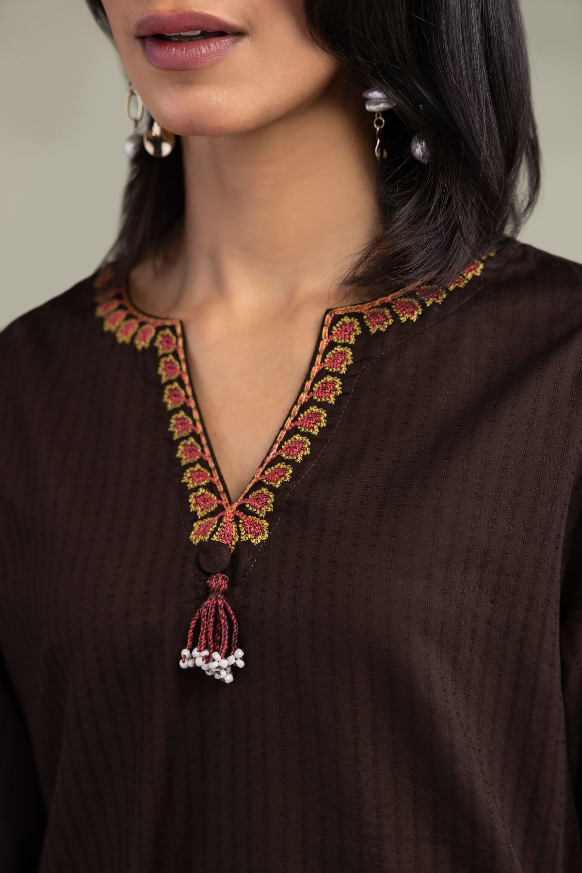 Embroidered Cotton Dobby V-Neck Cotton Kurta - 1-26-102-A-F-VG