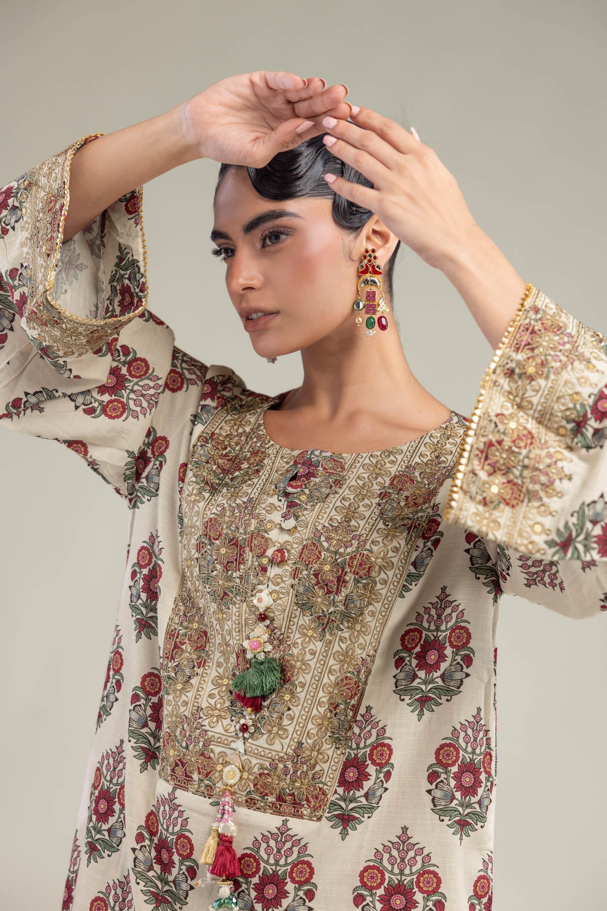 Embroidered Raw Silk Long Floral Kurta - B1-2-26-106-A-C-VG