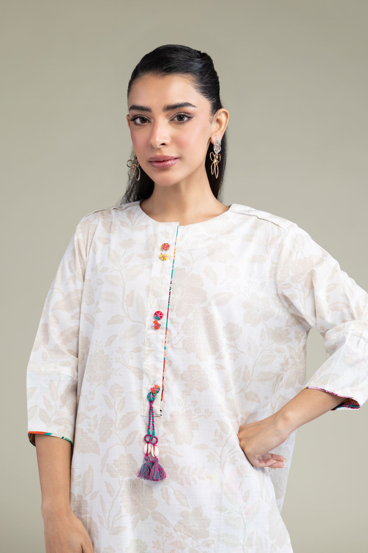 Printed Cotton Dobby White Longline Kurta - 25-09-12E2-01TB-VG