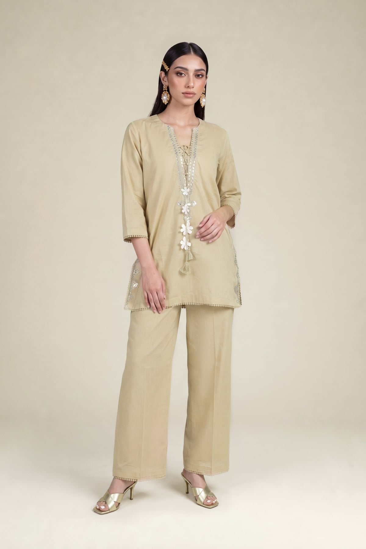 Embroidered Cambric Beige Solid Pants - 1-26-102-A-F-VG