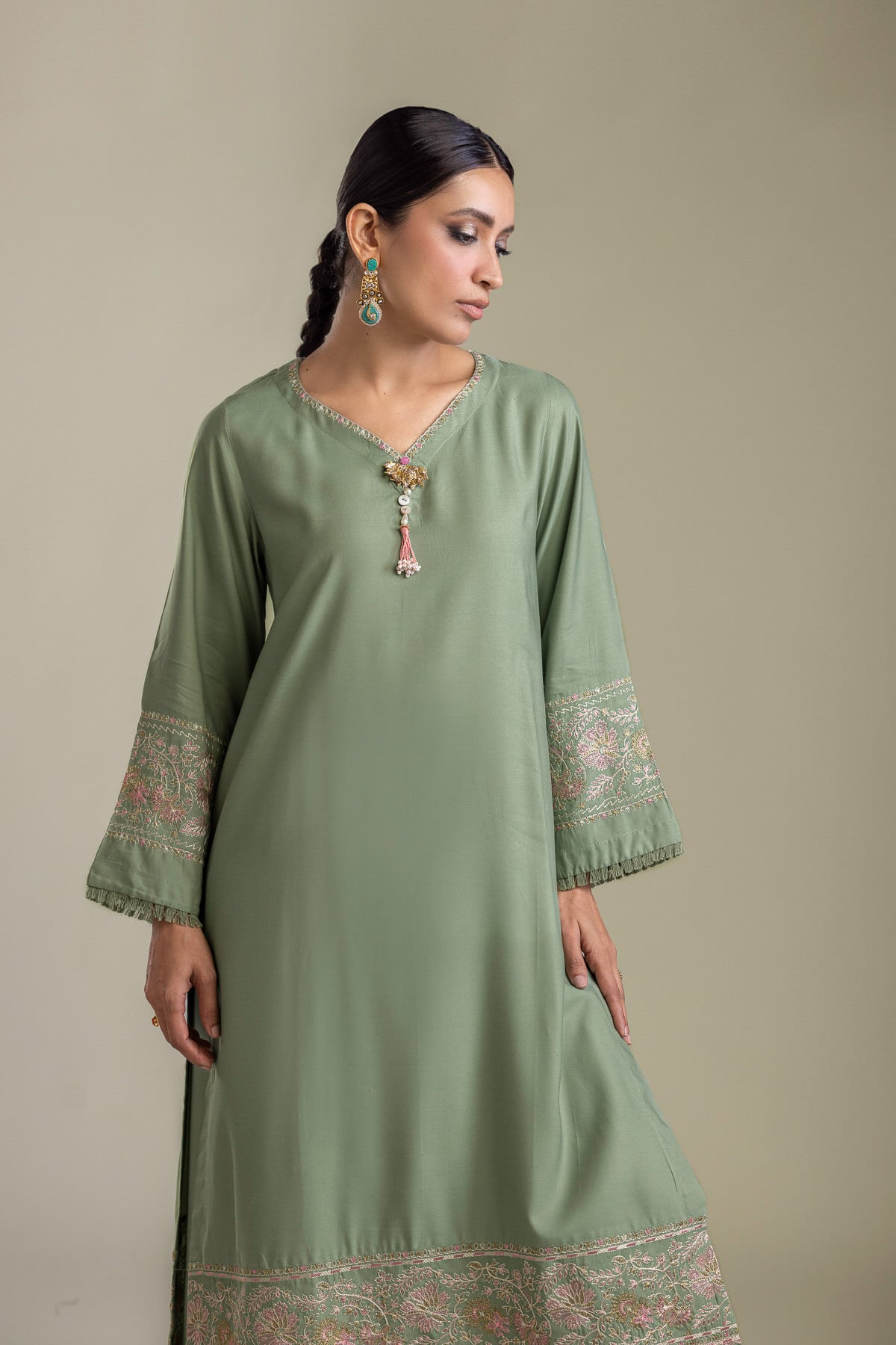 Embroidered Raw Silk Longline Silk Kurta - 2-26-403-A-H1-VG