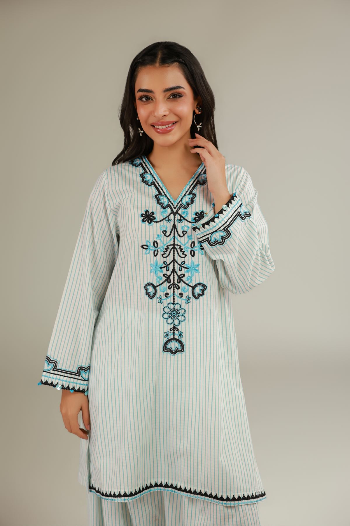 Embroidered Cotton Dobby Floral V-Neck Kurta - 1-26-119-A-F-VG