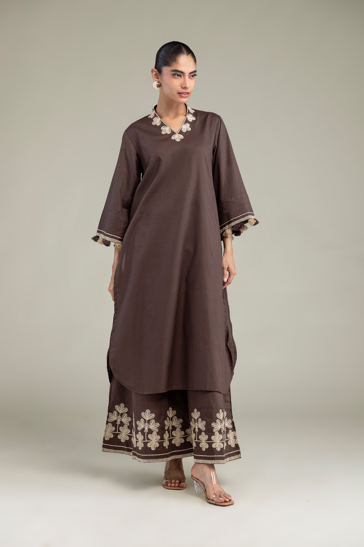 Embroidered Cotton Dobby Brown V-Neck Kurta - 1-26-102-A-F-VG