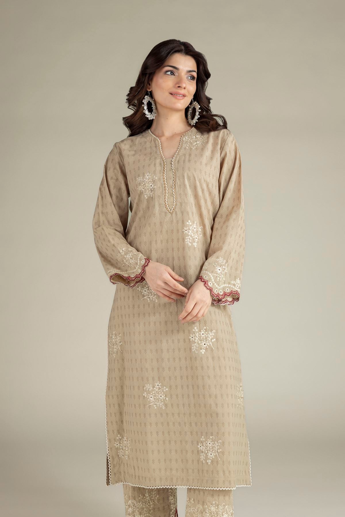 Embroidered Cotton Dobby Beige Tailored Suit - T-A22-26-124FI2-VG