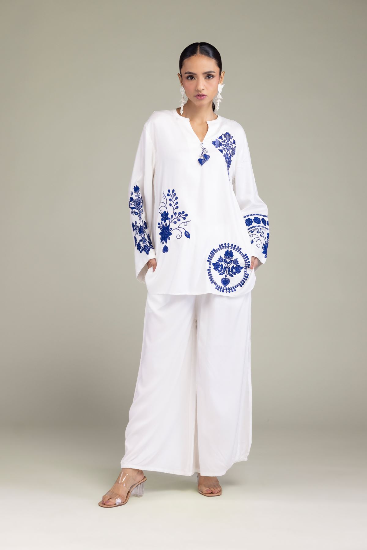 Embroidered Viscose Crepe White Viscose Trousers - 6-26-202-A-H1-VG