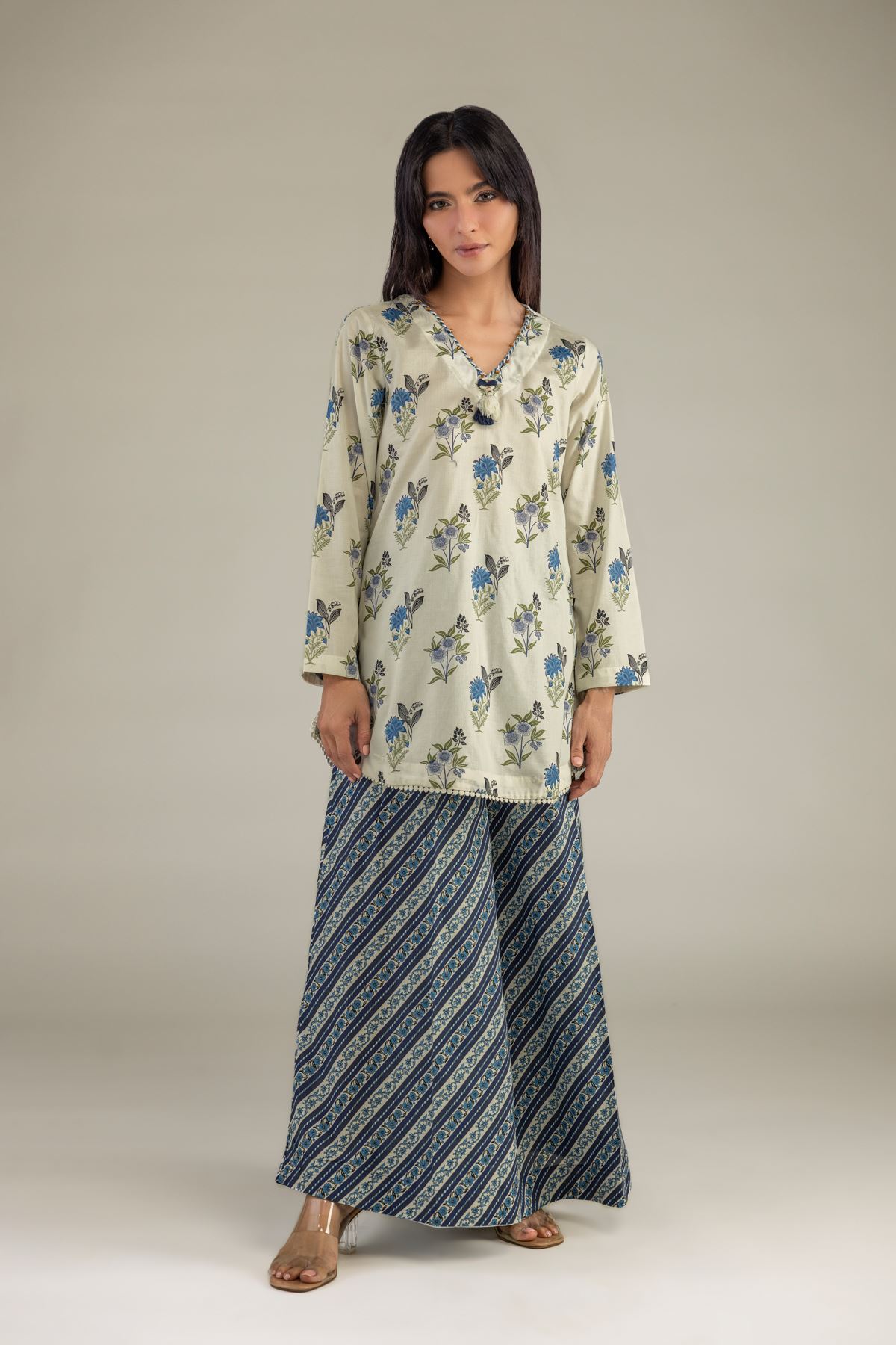 Printed Cambric Floral V-Neck Kurta - 12-26-301-A-E1-VG