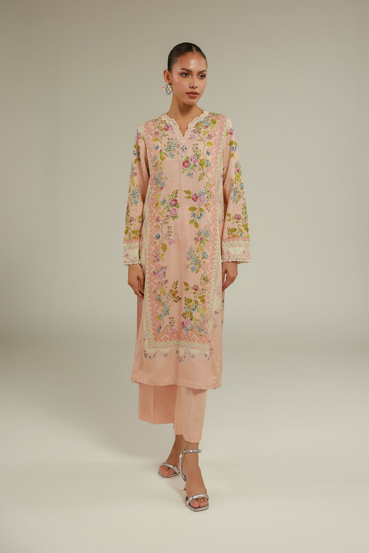 Embroidered Raw Silk Floral Longline Kurta - 2-26-101-A-D-VG