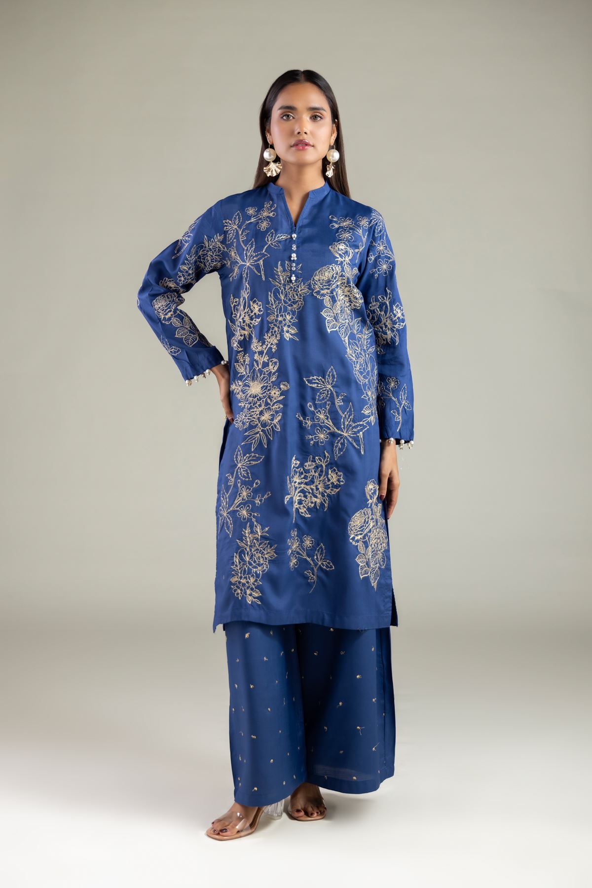 Embroidered Raw Silk Floral Longline Kurta - 2-26-101-A-B-VG