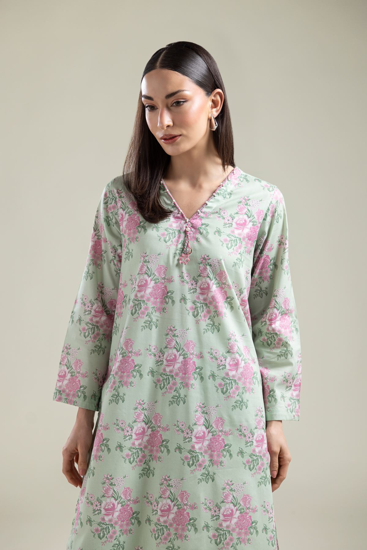 Printed Cotton Viscose Long Floral Kurta - 2-26-109-A-H-VG
