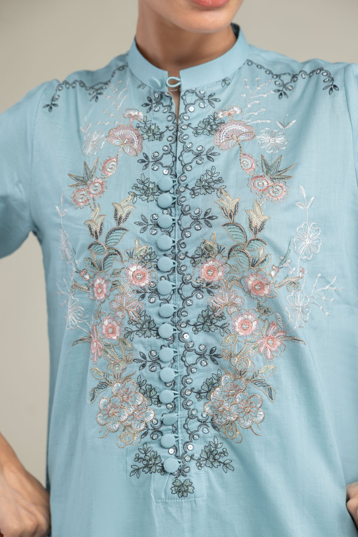 Embroidered Cambric Blue Floral Kurta - 1-26-102-A-F-VG