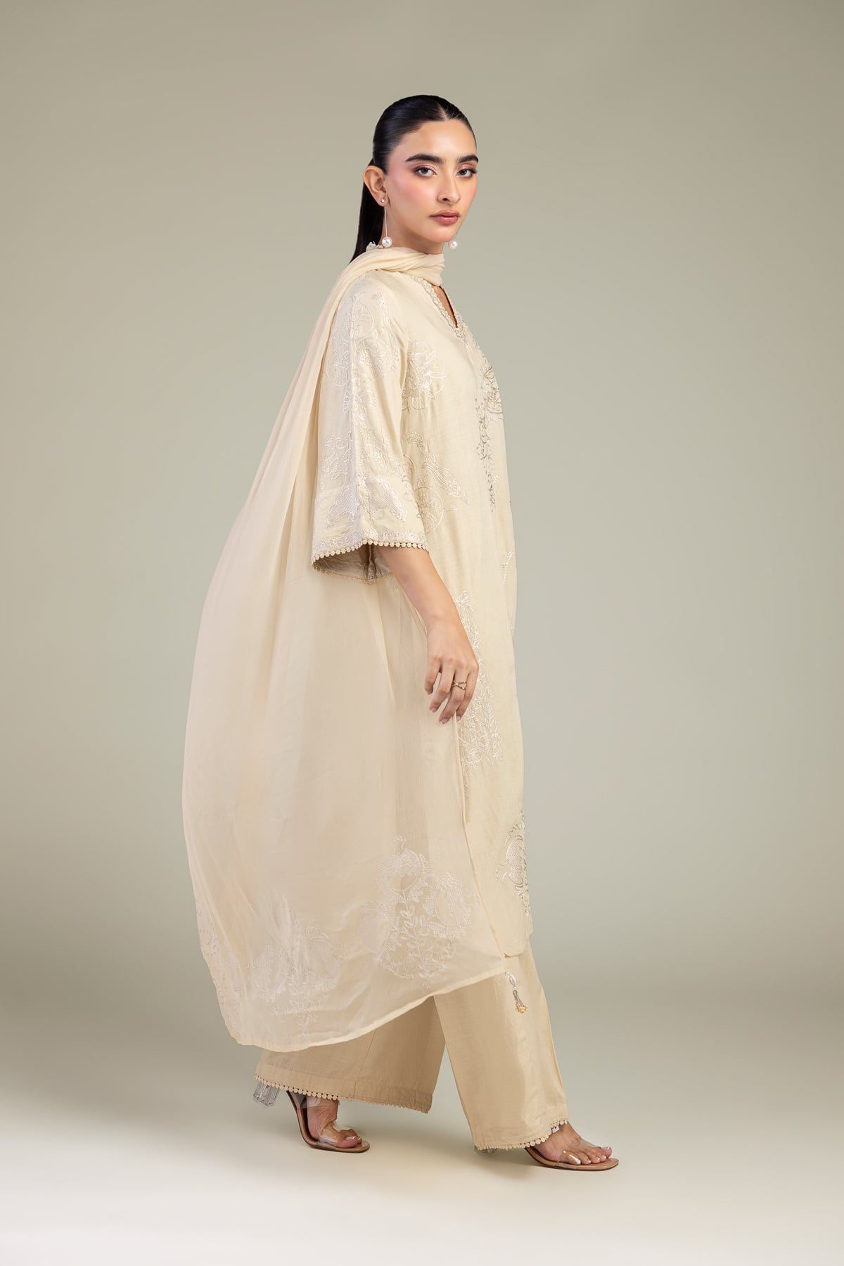 Embroidered Chiffon Beige Floral Dupatta - 1-26-102-A-F-VG
