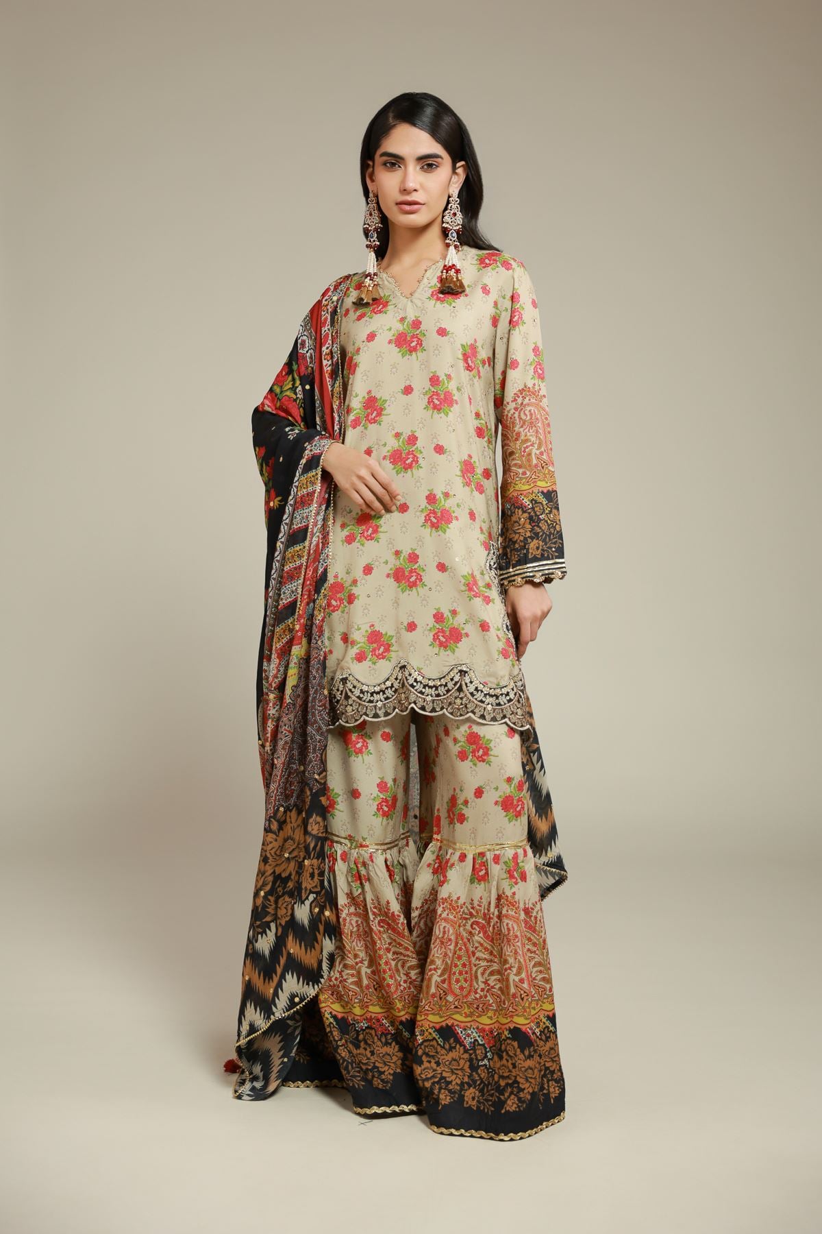 Embroidered Raw Silk 3 Piece Co-ord Set - 25-10-12E11-02TA-VG