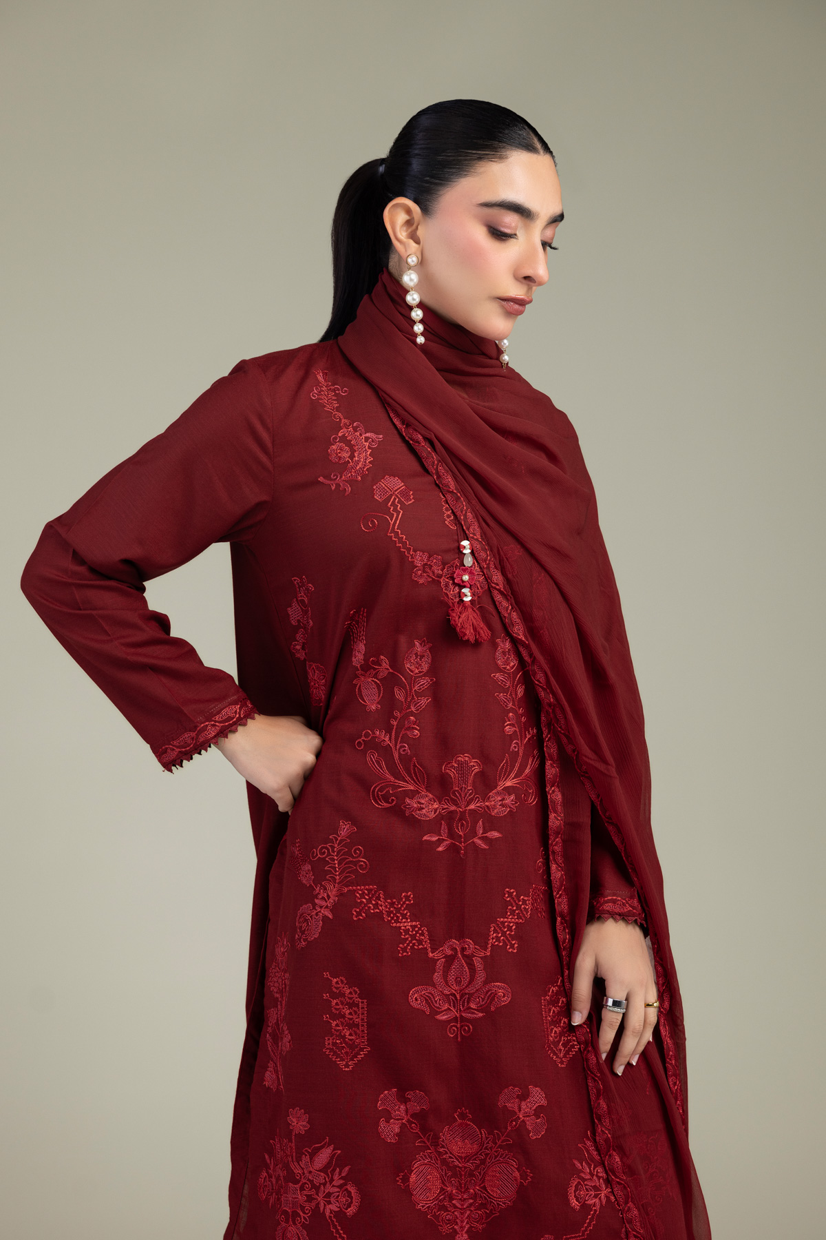 Embroidered Chiffon Maroon Chiffon Dupatta - 1-26-309-B-D1-VG