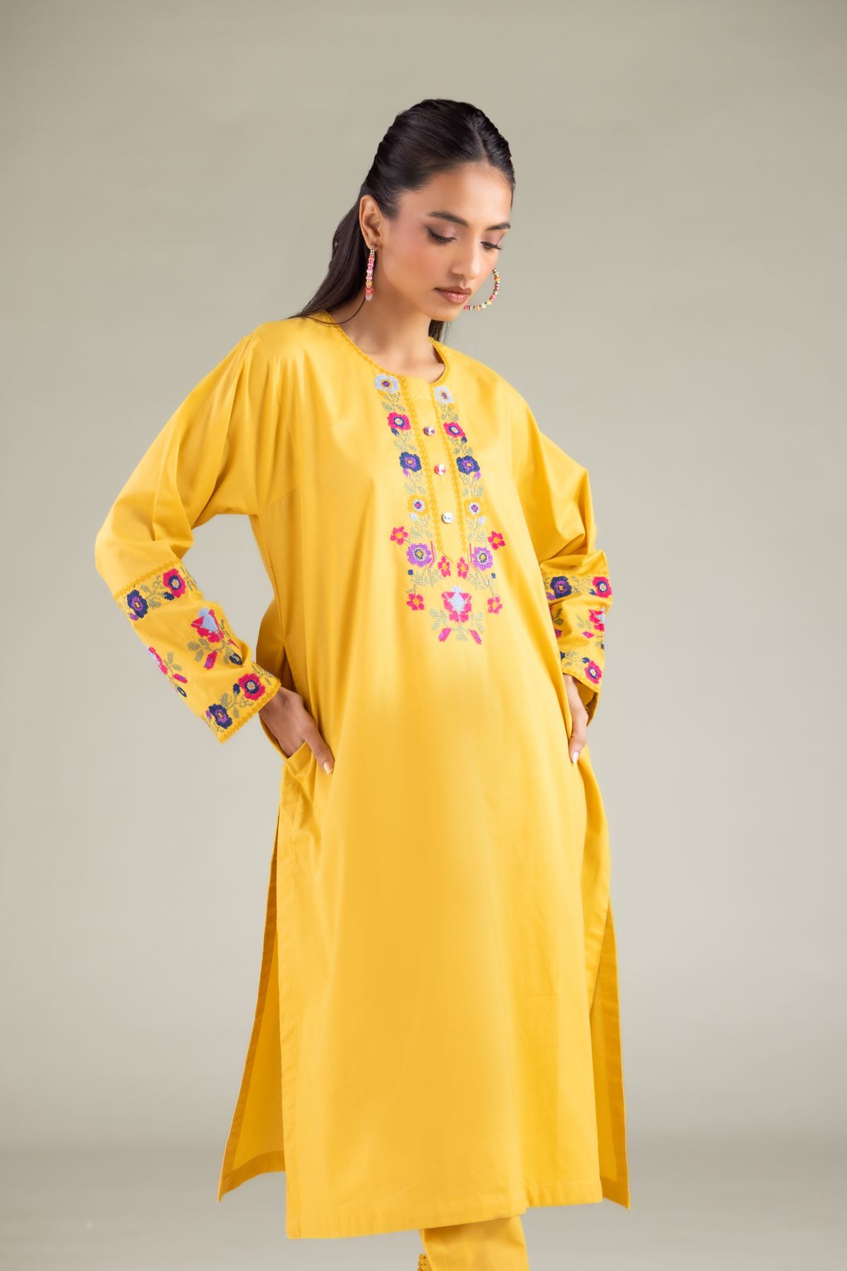 Embroidered Cambric Floral Longline Kurta - 1-26-108-A-F-VG