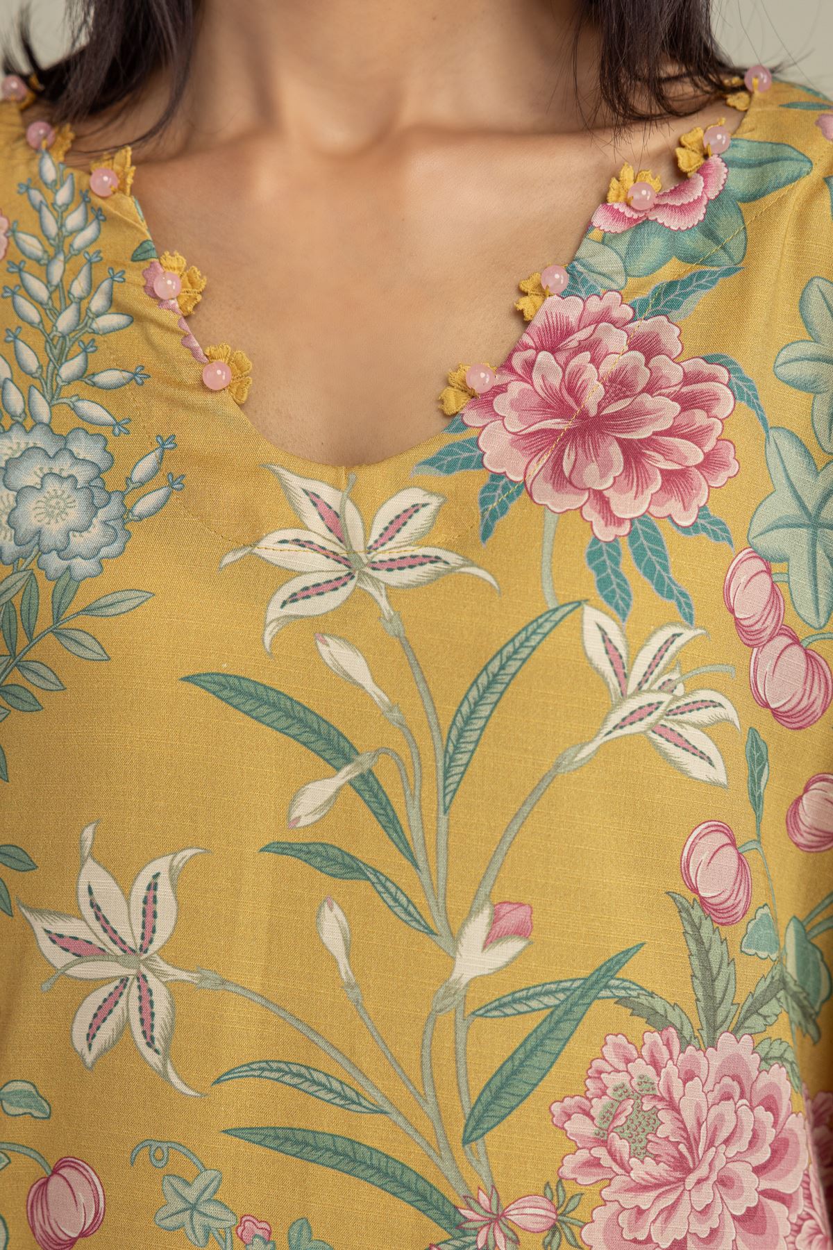 Printed Raw Silk Short Mustard Kurta - 1-26-309-B-D1-VG
