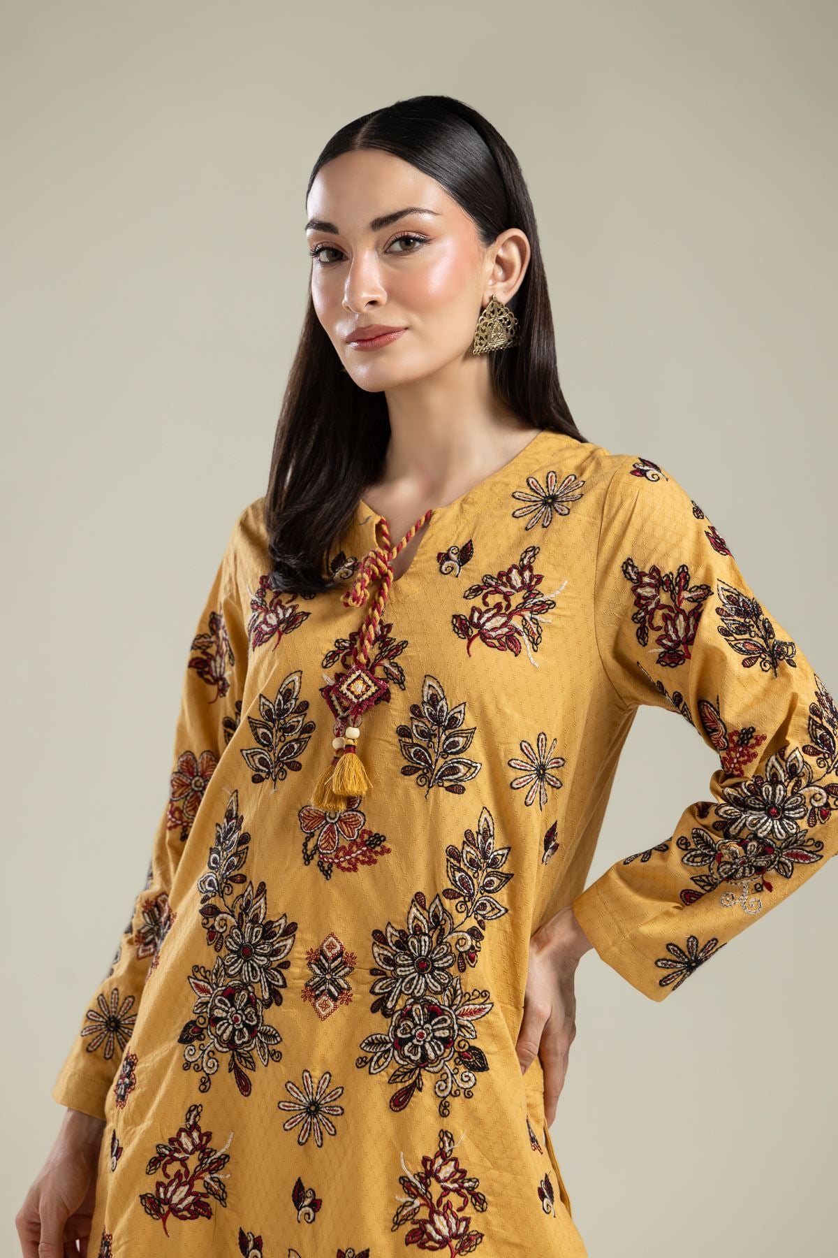 Embroidered Cotton Dobby Floral Mustard Kurta - 26-01-3E2-09TA-VG
